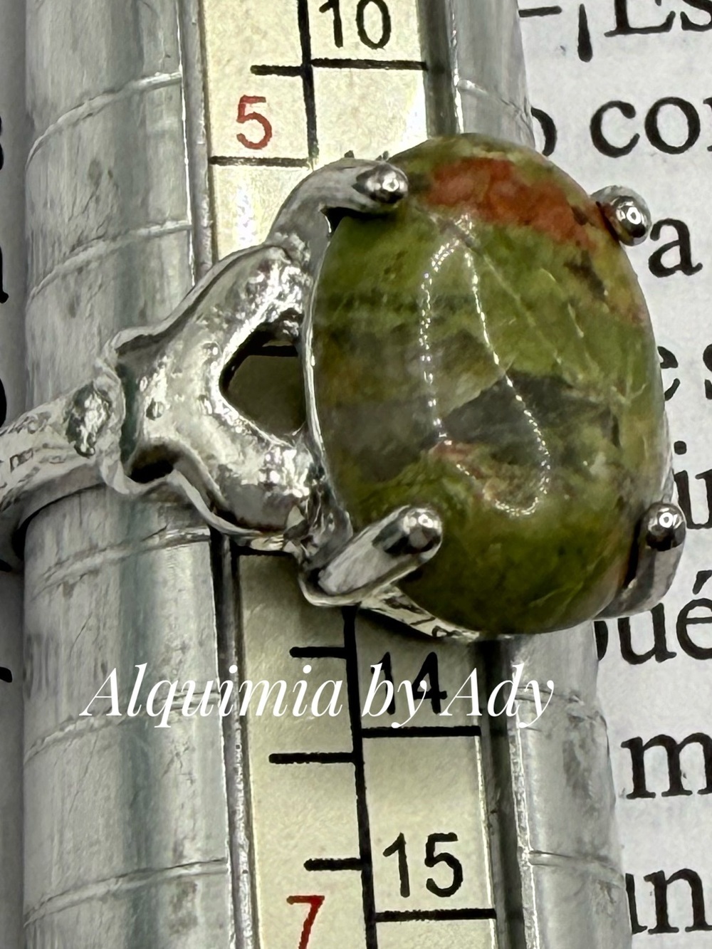 Olive Green unakite Oval Stone Ring in Silver Vine Setting
